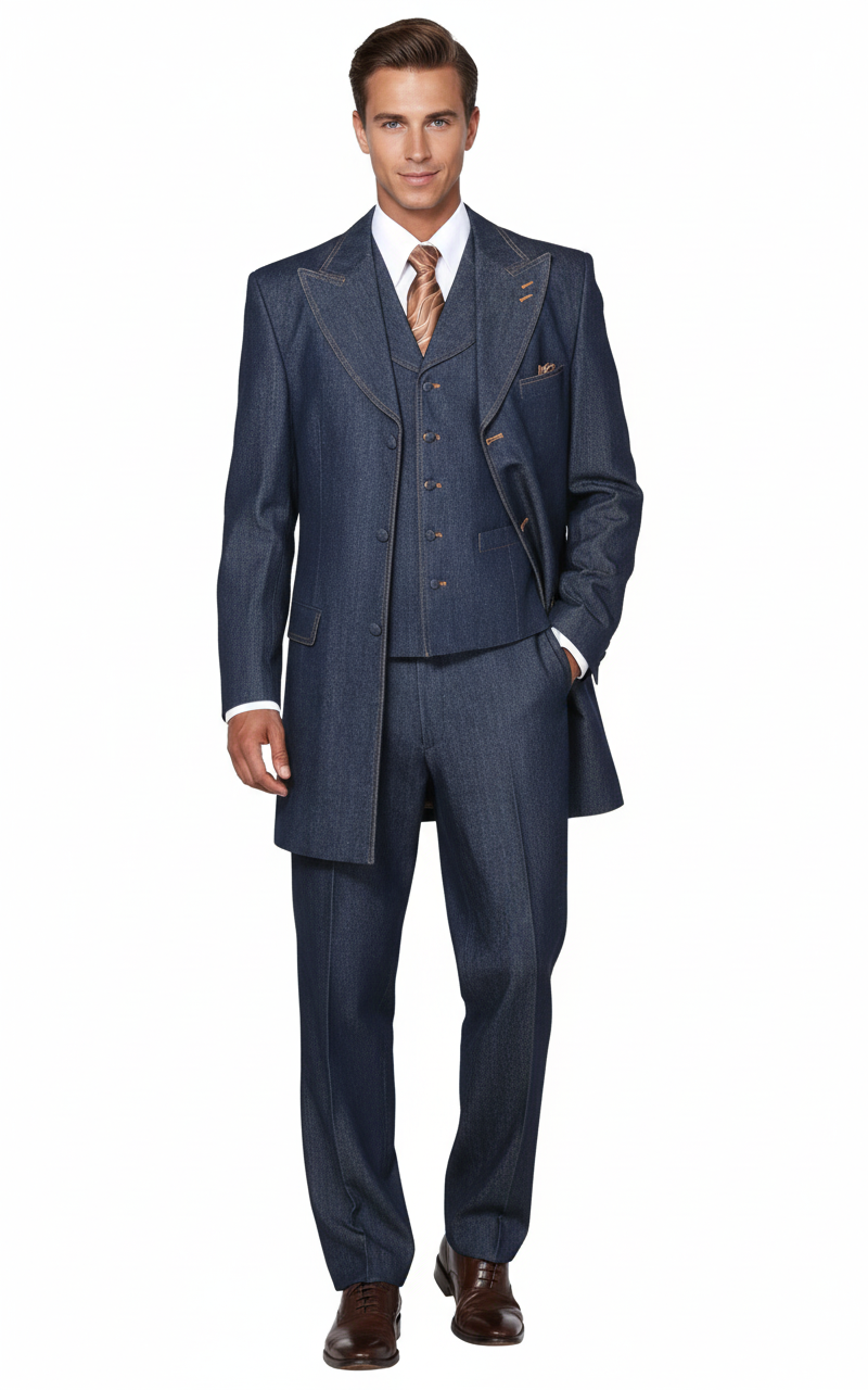 mens denim dress suits Men’s Cotton Denim Three-Piece Suit – Modern Blazer Denim Suit with Vest  and Trousers Pleated Pants Classic Fit