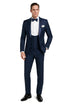 Men’s Navy Blue Tuxedo with Satin Peak Lapel with navy sateen  – 3 Piece Formal Suit with Vest and Bow Tie