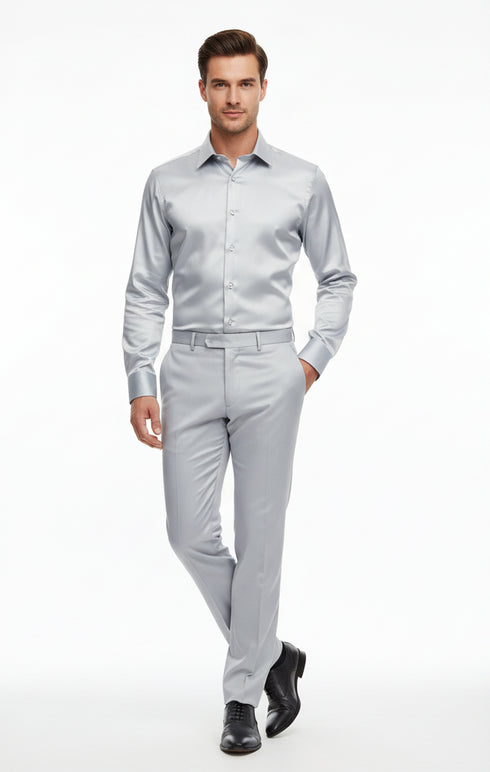 Men’s Silver Satin Dress Shirt and Pants Set – Luxury Slim Fit Outfit for Parties, Weddings, and Formal Events