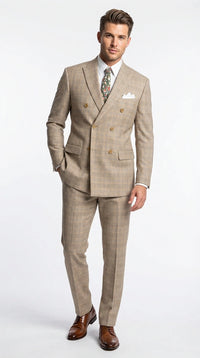Vinci Men’s Beige Plaid Double Breasted Suit – Classic Checkered Formal Suit Set in Tan Color Windowpane Checkered Pattern