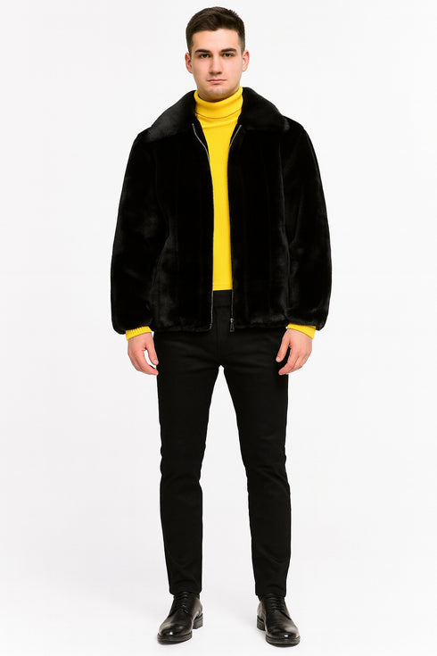 Men’s Black Faux Fur Jacket – Luxury Winter Zip-Up Coat with Soft Plush Finish
