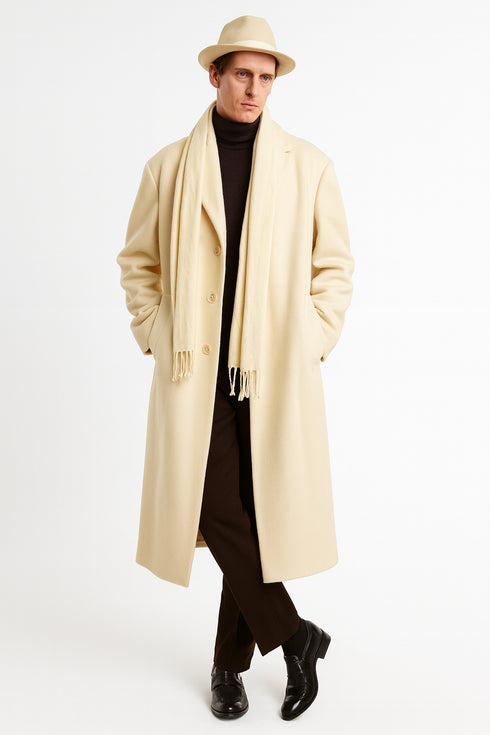 Men’s Long Cream Overcoat Wool Fabric in Ivory Off White Color Full length