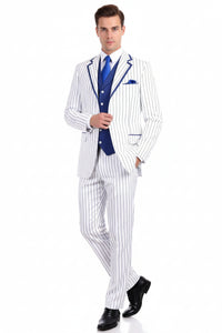 Men’s White and Royal Blue Pinstripe 3-Piece Suit – Classic Fit Blazer with Vest, Pants, and Tie
