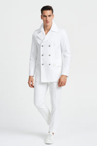 Men’s White Double-Breasted Peacoat Jacket – Classic Stylish Outerwear Wool Fabric Slim Fitted