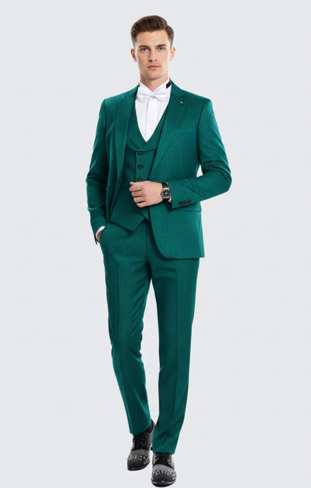 Men's Emerald Green Textured 3-Piece Suit – Polk Dot Pattern Formal We –  OvercoatUSA