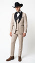 Men’s Beige Pinstripe Western 3 Piece Tuxedo Suit with Black Shawl Lapel, Formal Cowboy Wedding Prom Suit in Tan Khaki Color