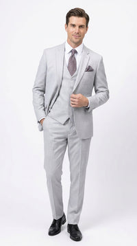Men’s Light Grey Sharkskin 3 Piece Business Suit – Slim Fit Two Button Vested Wedding & Silver Suit