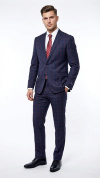 Men’s Navy Blue and Burgundy Checkered Two-Piece Suit Plaid Windowpane – Flat Front Pants or Pleated Wide Leg Pants - 100% Wool