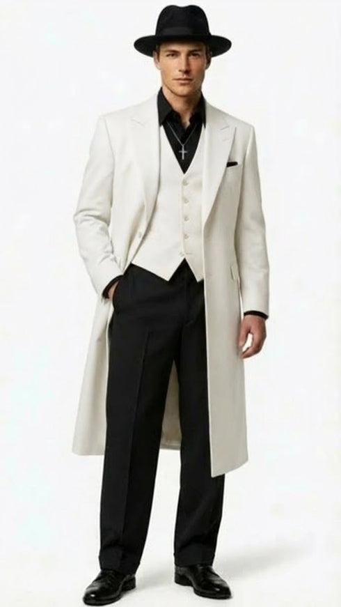 Mens White Long Zoot Suit Costume Set with Black Pants – Wedding, Prom and Party Outfit 1920s - 1930s Gangster Style