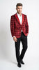 Mens Red Burgundy Plaid Blazer with Contrast Lapel – Velvet Fabric Check Prom Blazer Jacket for Party, Christmas New Year Holiday Jacket