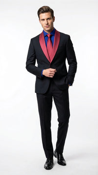 Men's Black Suit with Burgundy Shawl Lapel – Formal Tuxedo Suit for We –  OvercoatUSA