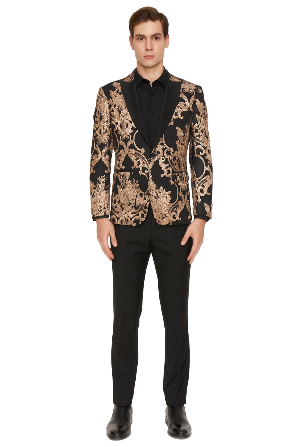 slim fit dress slacks Men's Slim Fit Pink Tuxedo Suit with Black Trim â€“ Modern Wedding and Prom 2026 Outfit Rose Gold Blush Color 34 Short or Extra Small main image 1