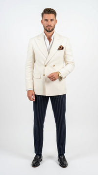 Men’s Ivory Linen Double Breasted Blazer, Lightweight Wedding Dinner Sport Coat Jacket Cream Off White