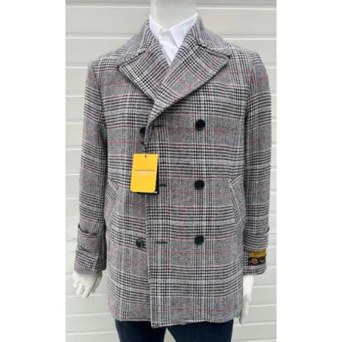 Mens Gray Wool Plaid Peacoat