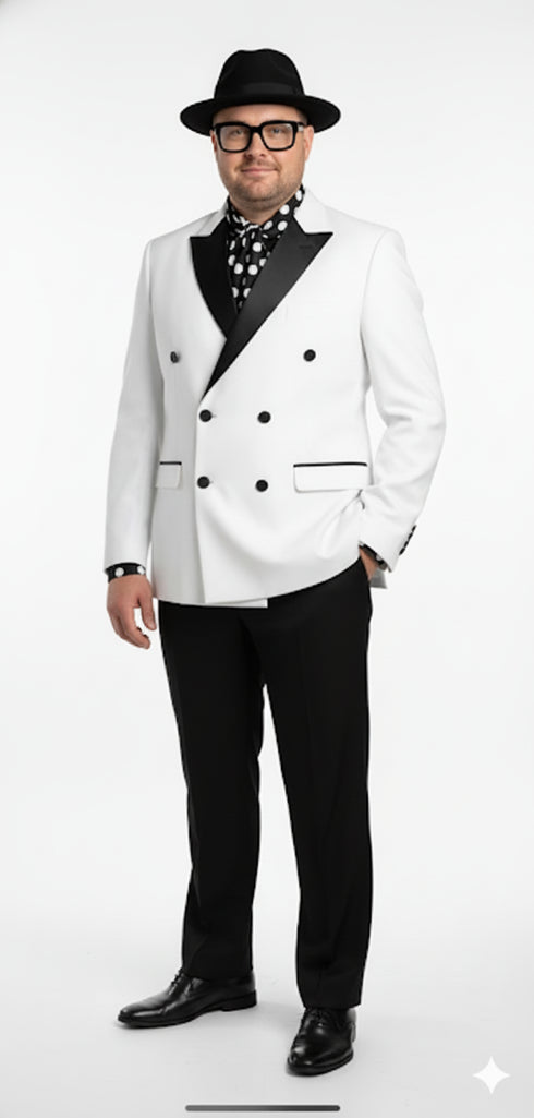 Men’s White and Black Double-Breasted Tuxedo – Modern Slim Fit Formal Suit for Weddings, Parties, and Special Occasions