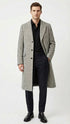 Men’s Grey Herringbone Long Overcoat – Tweed Black and White Pattern Wool Topcoat Three Qaurter