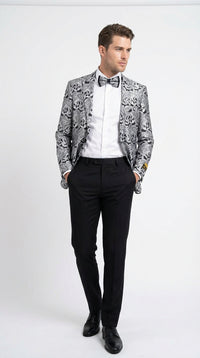 Men’s Silver and Black Paisley Prom Blazer Jacket | Printed Formal Evening Tuxedo Blazer + Free Matching Bow Tie