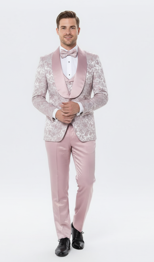 slim fit dress slacks Rose Gold Luster Peak Lapel Dinner Jacket Tuxedo Rental Rose Gold Luster Tuxedo with Slim Black Pants main image 1