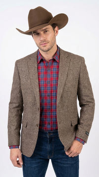 Men’s Light Brown Western Blazer – Textured Tweed Herringbone Cowboy Sport Coat for Rodeo, Country Taupe Dark Tan Color Wool Fabric