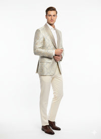 Men’s Champaign Silver and Cream Embroidered Luxury Blazer – Floral Pattern Wedding & Party Dinner Jacket in Light Tan Color