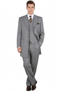 Mens Zoot Suit - Light Gray 3-Piece Suit with Vest – Classic Business and Wedding Formal Wear - 1920s Fashion