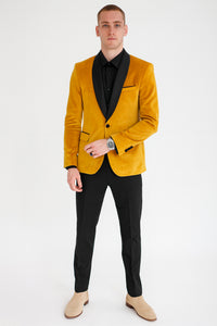 Men’s Mustard Gold Velvet Tuxedo Jacket – Slim Fit Dinner Blazer with Black Satin Shawl Lapel + Free Black Pants & Bowtie