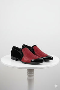 Men’s Red Glitter Tuxedo Loafers – Shiny Slip-On Dress Shoes with Black Patent Toe for Parties and Formal Events