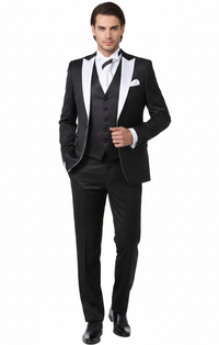 Men’s Black and White Lapel Prom Tuxedo Suit + Black Vest + Black Pants Peak Lapel