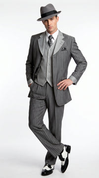 Men’s Grey Pinstripe 1920s Gangster 3 Piece Suit, Contrast Lapel Vintage Formal Suit for Parties, Prom, Weddings, and Theme Events
