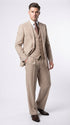 Men’s Beige tan Checkered Three Piece Suit with Classic Fit Wide Leg Pleated Pants by Rossiman khaki color