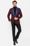 Mens Burgundy Tuxedo Dinner Jacket Blazer with Blue Satin Shawl Lapel Wedding and Party Jacket