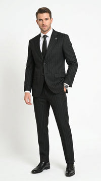 Men’s Black Tonal Shadow Pinstripe Vested Suit – 3 Piece Classic Fit Formal Wedding & Business Suit By Vitali
