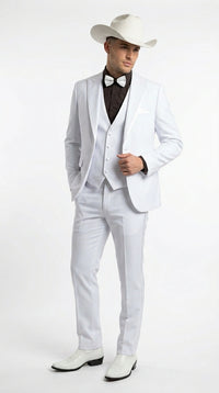 Men’s White Western Cowboy 3 Piece Tuxedo Suit, Formal Wedding Prom Groom Suit Set