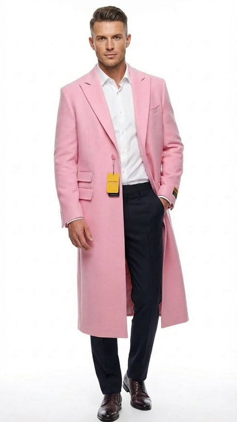 Men’s Pink Wool Blend Long Overcoat – Slim Fit Tailored Winter Coat - Carcoat - Topcoat
