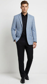 Men’s Big and Tall Light Blue Checkered Blazer and Sport Coat – Sky powder blue windowpane plaid pattern Jacket