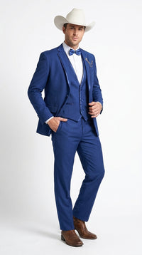Men’s Blue Western Tuxedo Suit, 3 Piece Cowboy Formal Wedding Prom Suit with Satin Trim