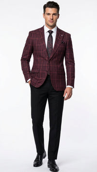 Men’s Burgundy Check Blazer – Windowpane Plaid blazer in Maroon Wine Color
