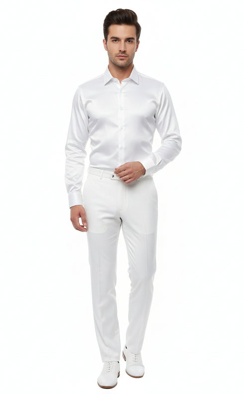 Men’s White Satin Dress Shirt – Classic Long Sleeve Formal Shirt for Weddings, Parties, and Business Wear