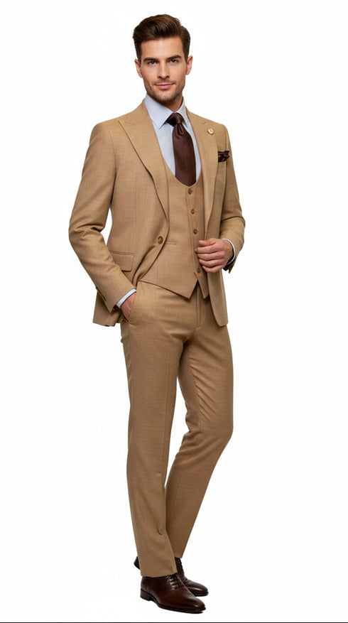 Men's Tan Three-Piece Suit with Vest – Classic Tailored Fit  in camel khaki Bronze color By Rossiman