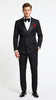 Men’s Black Double Breasted Evening Wear Suit with Satin Shawl Lapel and Red Pocket Square