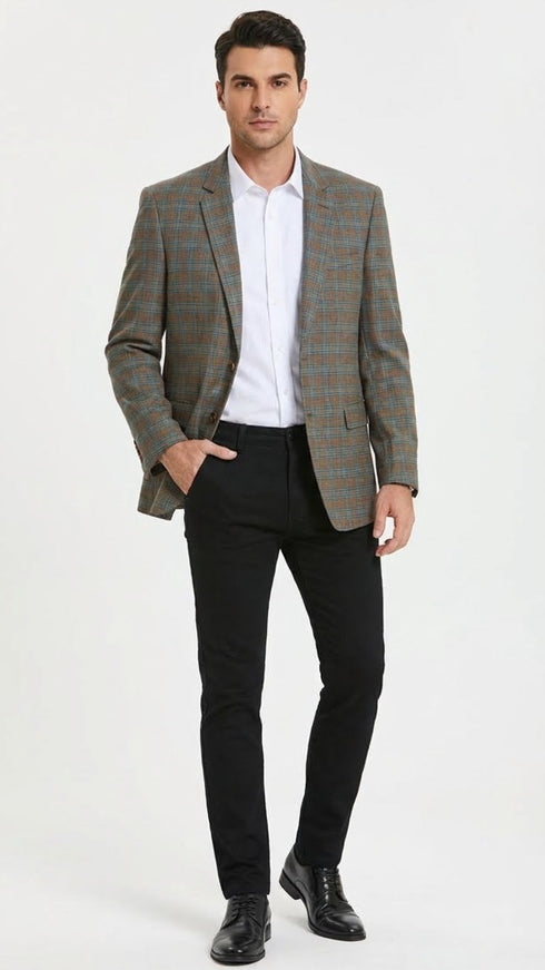 Men’s Green Brown and Teal Plaid Sport Coat – Tailored Fit Check Blazer Jacket - Tartan Sportcoat