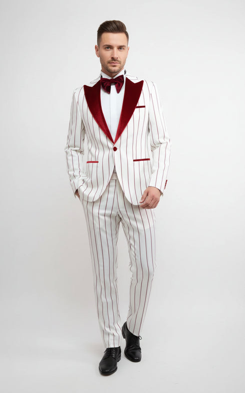 Men’s White and Dark Red Pinstripe Tuxedo with Velvet Shawl Lapel – Formal Dinner Blazer Prom Christmas New Year Holiday Suit