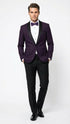Men’s Eggplant Plum Purple Tuxedo Blazer with Satin Lapel, White Tuxedo Shirt and Matching Purple Bow Tie - Slim Fitted - Prom wedding Suit With Pants