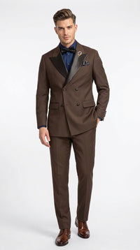 Men’s Brown Double Breasted Tuxedo – Satin Peak Lapel Formal Wedding & Prom Suit