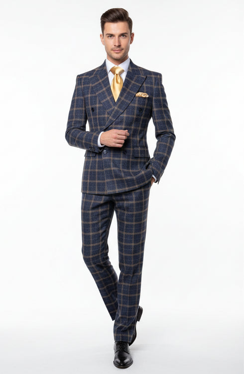 Men’s Navy and Tan Windowpane Double-Breasted Suit | Classic 2-Piece Plaid Dress Suit, Business, and Formal Events By Rossiman