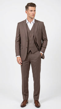 Men’s Zagarie Brand Light Brown Mocha 3-Piece Wool Suit – Modern Wedding, Business and Formal Suit with Pick Stitching