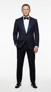 Men’s Navy James Bond Tuxedo Dinner Jacket – Satin Shawl Lapel Wedding, Prom and Black-Tie Blazer