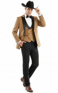 Men’s Western Cowboy Tuxedo – Tan and Black 3-Piece Suit with Satin Lapel and Vest in Mocca Coffee Color