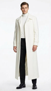 Mens Off-White Long Trench Coat – Overcoat with Classic Clean Design Duster Maxi Coat in Ivory Color