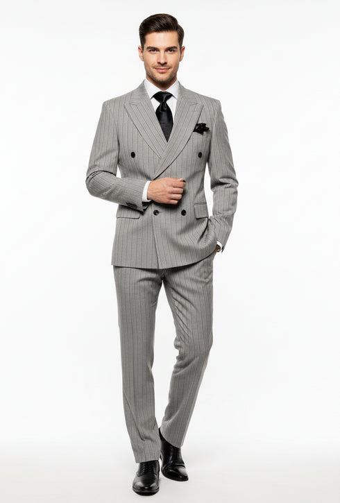 Men’s Grey and Black Pinstripe Double-Breasted Suit – 1920s Gangster Vintage Looking suit By Rossiman